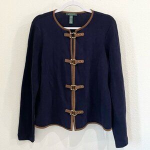Lauren Ralph Lauren Navy Buckle Cardigan Equestrian Preppy Feminine Faux Leather